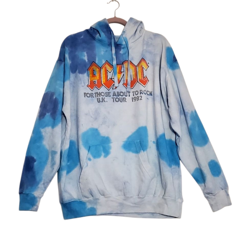 New AC/DC Tie Dye Hoodie Sweatshirt U.K. Tour‎ 1982 Purple Blue Size 1X NWOT